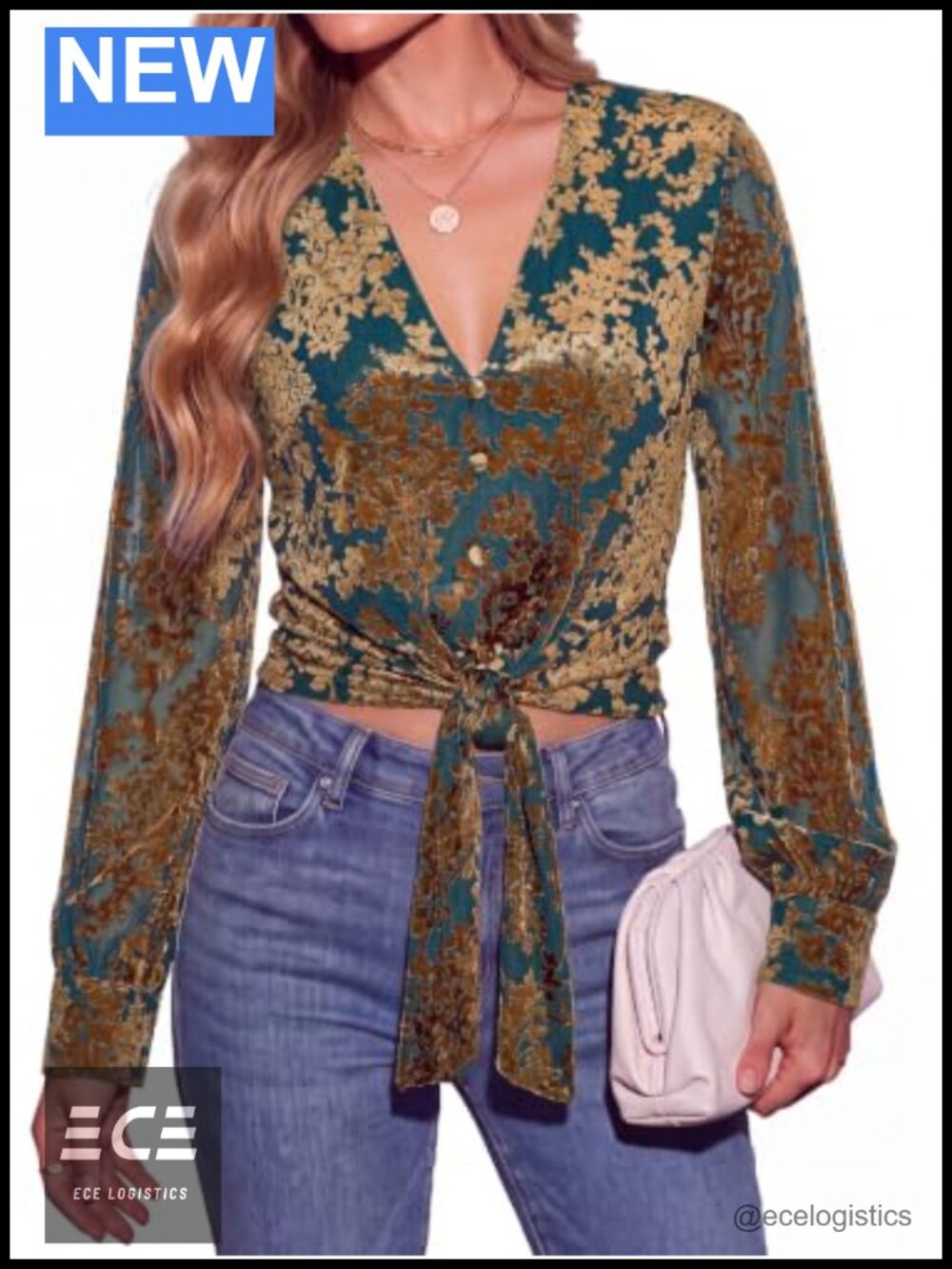 Women's Long Sleeve V-Neck Velvet Floral Crop Top Tie Front Button Cuff